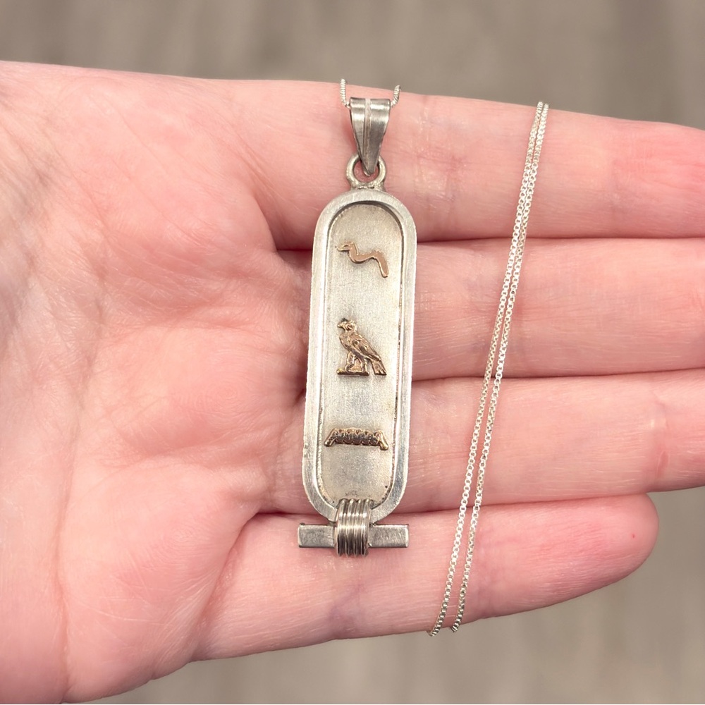 Vintage Sterling 14K Egyptian Cartouche Necklace Double Sided Hieroglyphics - Picture 4 of 16